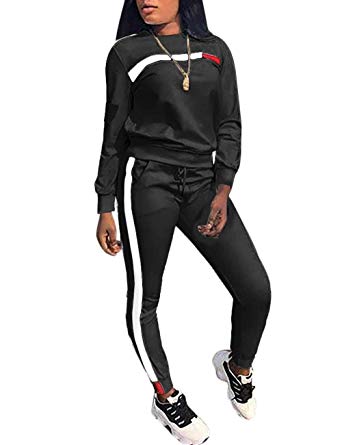 KANSOON Women Stripe Patchwork Two Piece Sweatsuit Round Neck Pullover and Skinny Long Pants