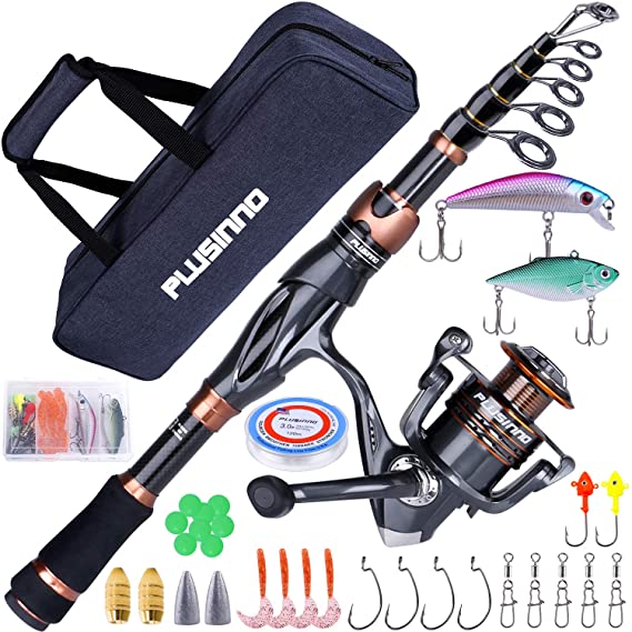 PLUSINNO Telescopic Fishing Rod and Reel Combo, Carbon Fiber Fishing Pole with 12  1 Shielded Bearings Stainless Steel BB Spinning Reel Combo, Saltwater Freshwater Fishing Rod Pole Gear Kit