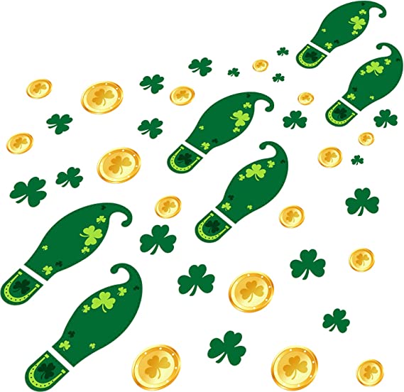 Mudder 504 Pieces St. Patrick's Day Leprechaun Footprints Floor Clings Shamrock Clover Gold Coin Decals Floor Stickers Party Decorations