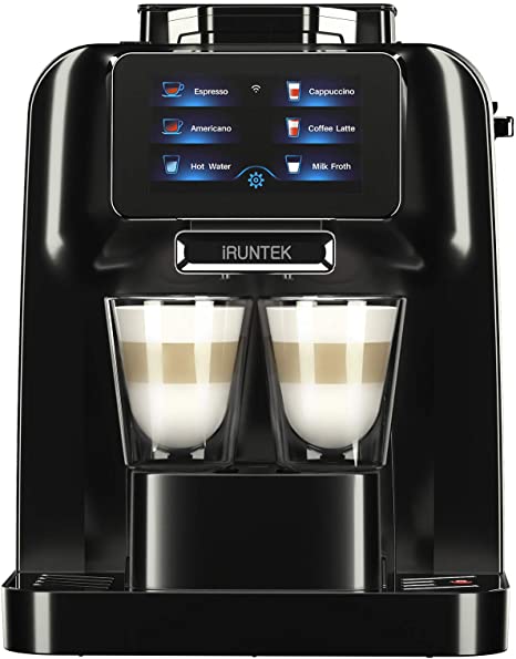 iRUNTEK Fully Automatic Coffee & Espresso Machine, 4,3" TFT Colour Touch Display, WIFI Remote Control, 1.5L Water Tank & 400ml Milk Tank with Milk Cooler & Milk Frother for Home, Cappuccino, Latte, Americano, 1480W, Black