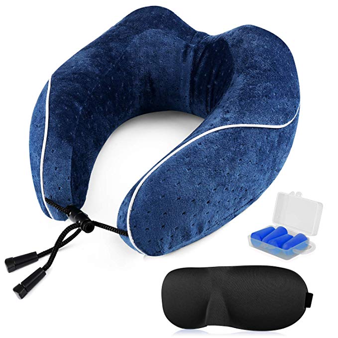 ONSON Travel Pillow - 100%Pure Memory Foam Neck Pillow - U-Shaped Airplane Car Flight Pillow,Breathable and Comfortable 360-Degree Head Support,Ultra Plush Velour Cover(with Eye Mask and Two Earplugs）