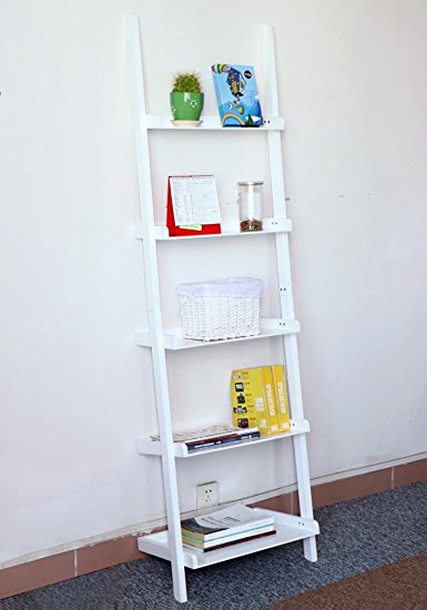 go2buy Modern White Wood 5 Tier Leaning Ladder Shelf Bookcase Bookshelf 70 Inch Book DVD CD Display Storage Shelves Unit