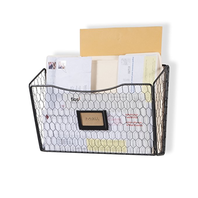 Wall35 Felic Hanging File Holder - Wall Mounted Metal Chicken Wire Magazine Rack - Office Folder Organizer with Name Tag Slot in Black (1)