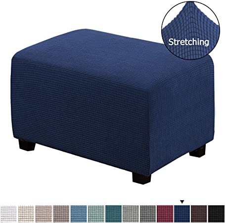 H.VERSAILTEX Rectangle Folding Storage Covers Ottoman Slipcovers Removable Footstool Protect Footrest Covers Form Fit Stretch High Spandex Small Checks Jacquard Fabric(Ottoman Large Size, Navy)