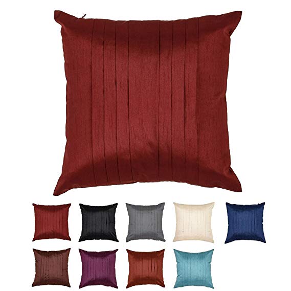 2-Piece Solid Color 24" X 24" Faux Silk Square Decorative Pillow Cover, Pleated Front Design, Zipper Closure - Burgundy