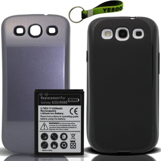 YESOO-GS3 Samsung Galaxy S3 4300mAh Extended Battery, Cover Pebble Blue, Extended TPU Case Black