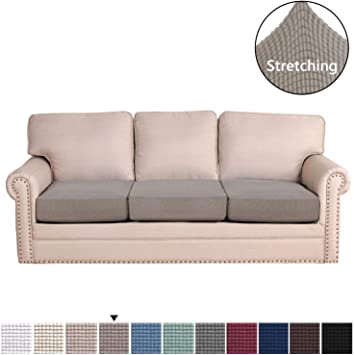 H.VERSAILTEX Super Stretch Stylish Cushions Covers/Furniture Cover Spandex Jacquard Small Checked Pattern Super Soft Slipcover Washable Individual (3-Piece Sofa Cushion, Taupe)