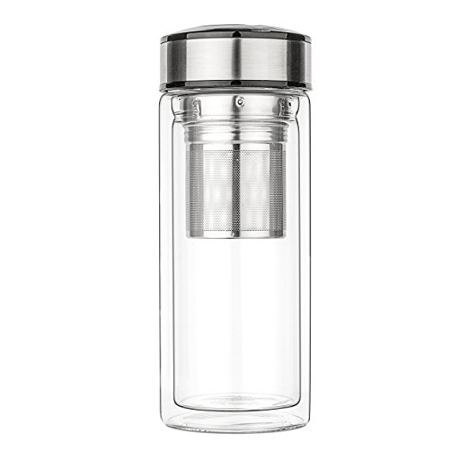 Tealyra - teaTRAVEL THERMOS 500ml - Glass Double Walled - Travel Mug with Removable Stainless Steel Infuser Basket - Borosilicate Glass Tea and Coffee Thumbler - 16-ounce