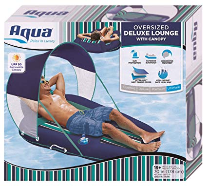 Aqua Oversized Deluxe Lounge, Heavy Duty, X-Large, Inflatable Pool Float with UPF 50 Sunshade Canopy, Navy/Aqua/White Stripe
