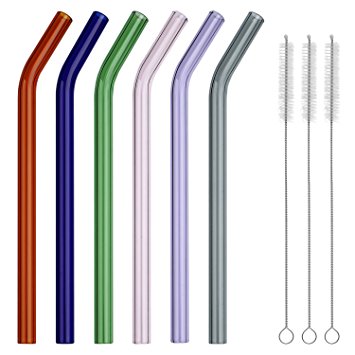 GINOVO 200mm * 10mm Reusable Bent Glass Drinking Straws, Set of 6 with 3 Cleaning Brushes, Multi Color - Green , Orange , Purple , Pink , Grey , Blue