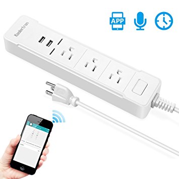 Wifi Smart Power Strip Socket,Koolertron 3 Smart Outlets & 2 USB Ports with Timing/Named Function Surge Protector Compatible with Alexa & Google Home,5.6ft Cable,Remote Control Via Free App (White)