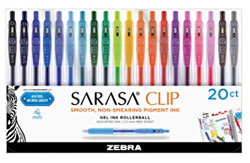 Zebra Pen Sarasa Clip Retractable Gel Ink Pens, Fine Point 0.5mm, Assorted Color Water Based Ink, 20-Count