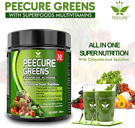 Peecure Superfood Herbs Green Food Multivitamin Powder with Chlorella, Spirulina,Green tea extract, Grass powder, Moringa,Flax seed,Buckwheat powder 300g