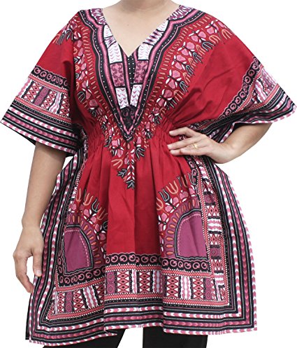 Raan Pah Muang RaanPahMuang Ladies Dashiki Shirt Elastic Pull Waist V-Collar Variety Colors