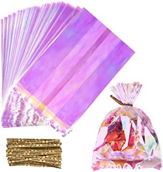 200 Pcs Iridescent Holographic Cellophane Party Favor Treat Bags and Twist Ties Set Include 100 Pcs Iridescent Bags(4" x 6") 100 Pcs Twist Ties for Halloween Christmas Party Gift Package of Candy