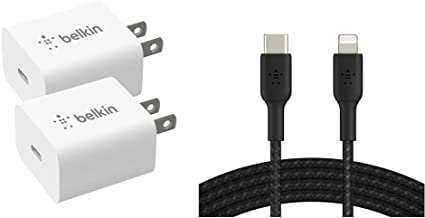 Belkin USB-C Wall Charger 20W PD Fast Charging USB-C Adapter, Compact Type C Port Mini Charging Block(2-Pack) & Braided USB C to Lightning Cable MFi Certified iPhone Fast Charger Type C 2M (Black)