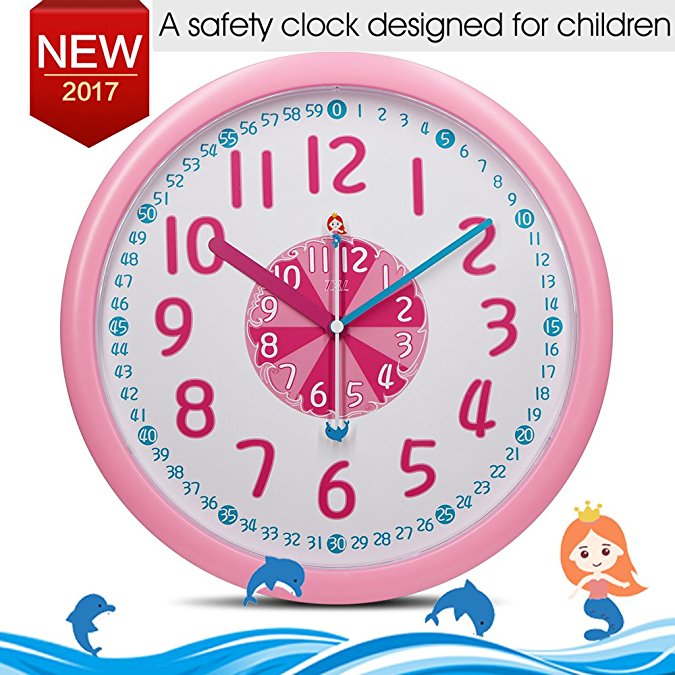 12" Colorful Wall Clocks for Kids Room-Cute Mermaid Dolphins Themes-ABS Plastic-Child Easy To Read Wall Clock with Silent&Large Digits, Bedroom Decor Ideas/ Baby Shower Gift for Nursery/Boy Girl Pink