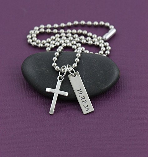 Men’s Cross Necklace – DII - Boys Confirmation Gift – Baptism Gift – Handstamped Handmade – 1 x 1/4 Inch, 25.4 6MM Silver Bar – Customized Chain Length – Fast 1 Day Shipping