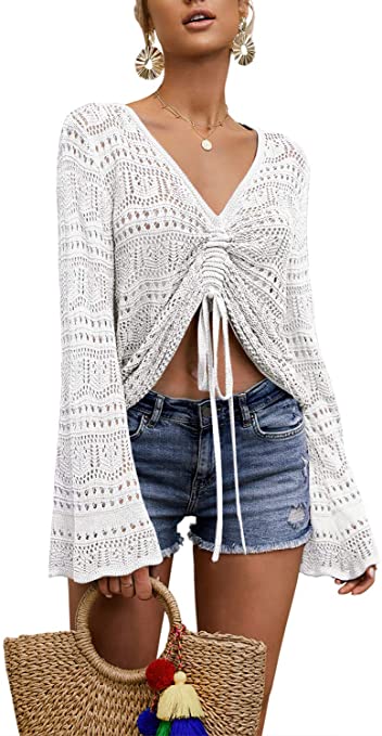 Ferbia Women Crochet Top Beach Cloth Drawstring Shirt Cover Up Oversized Sexy Beachwear Lace Up Tee Poncho