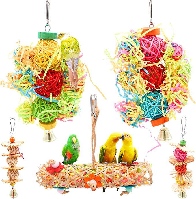 Bac-kitchen Parrot cage Toys Bird Swing Toys Parrot Shredder Toy Shred Foraging Hanging Cage Toy Wood Beads Bells Wooden Hammock Hanging Toys for Budgie Lovebirds Conures Parakeet (5 Pack)