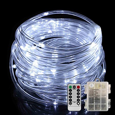 LED Rope Lights Battery Operated Waterproof 33 Feet String Lights with Remote Timer YIHONG Firefly lights 8 Mode Dimmable LED Fairy Lights For Outdoor Indoor Home Decoration Cool White