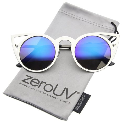 zeroUV - Womens Fashion Round Metal Cut-Out Flash Mirror Lens Cat Eye Sunglasses