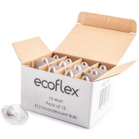 ECOFLEX Long Lasting 15 Watt E12 Socket Incandescent Candelabra Salt Lamp Bulb - Pack of 12