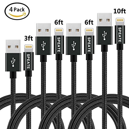 SPEATE iPhone Charger 4PCS 3FT 6FT 6FT 10FT Nylon Braided Lightning USB Cable Cord Charger Compatible with iPhoneX iPhone 8/8plus 7 7Plus 6 6s 6 plus,iPhone 5 5s SE,iPad,iPod (Black)