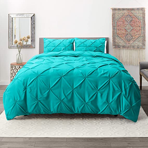 Nestl Bedding 3 Piece Pinch Pleat Duvet Cover Set | Teal Duvet Cover with 2 Pillow Shams |Microfiber Queen Duvet Cover Set