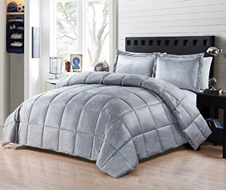 Comforter 3pcs Set ,Micromink Flannel 90 by 90 Inches , 2 Shams 20 by 26 inches , Diamond Boxes Stitched, Hypoallergenic, Duvet over-stuffed Insert, Washable, Durable (Queen , Grey)
