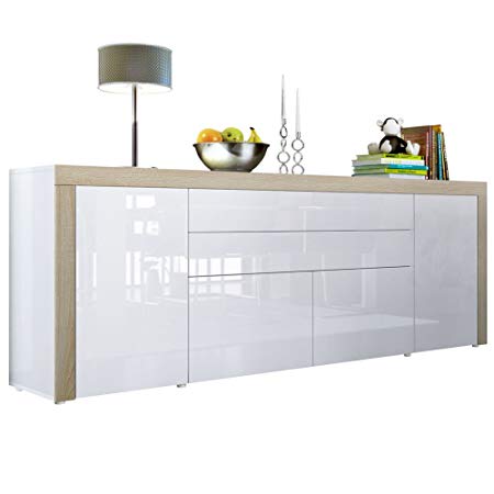 Vladon Sideboard Chest Drawers La Paz V2, Carcass in White High Gloss/Front in White High Gloss a frame in Rough-sawn Oak