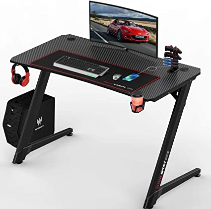 LEMBERI 44 Inch Gaming Desk, Z-Shaped Computer Desk with Free Large Mouse Pad, Professional Game Work Station, PC Gamer Table with USB Gaming Handle Rack, Stand Cup Holder&Headphone Hook