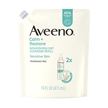 Aveeno Calm   Restore Nourishing Oat Facial Cleanser for Sensitive Skin, Gentle Face Wash with Nourishing Oat & Calming Feverfew, Hypoallergenic, Fragrance-Free, Refill Pouch, 16 fl. Oz