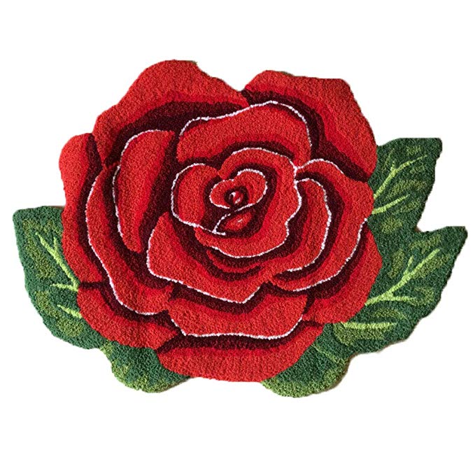 3D Handmade Rose Area Rugs Flower Shaped Doormat Washable Carpet Non-Slip Bathroom Mat for Bedroom 2'6 x 1'9 (Red)