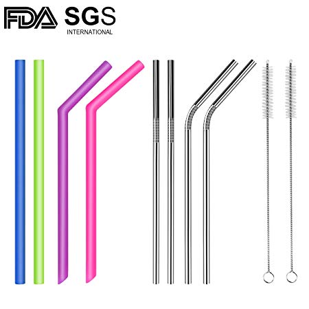Reusable Drinking Straws, 4 Silicone Straws and 4 Stainless Steel Straws With 2 Cleaning Brushes - Regular Size Compatible 20oz 30oz Tumber/Yeti/Rambler/Rtic/Ozark/Trail Complete Bundle