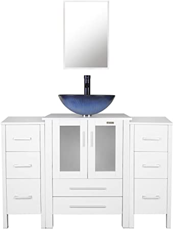 eclife 48’’ Bathroom Vanity Sink Combo White W/Side Cabinet Vanity Ocean Blue Round Tempered Glass Vessel Sink & 1.5 GPM Water Save Faucet & Solid Brass Pop Up Drain, with Mirror (A112B11W)