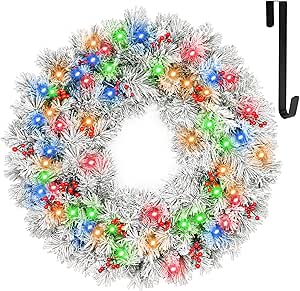 Hykolity 30 in. Pre-lit Snow Flocked Artificial Christmas Wreath with 100 Multicolor LED Lights, 141 Tips, Frosted Wintry Pine Wreath with Timer & Hanger, Pine Cones, Berry Clusters, Battery Operated