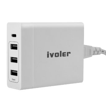 iVoler 75W USB Type C Charger with Power Delivery, 60W USB-C Port 15W 3 USB Ports for New Apple Macbook (29W), Chromebook Pixel, Samsung Tab Pro S, Nexus 5X/6P, LG G5 and More (White)