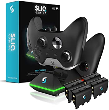 Sliq Gaming Xbox One Controller Charger Station and Quad Battery Pack Edition - Includes 4 Rechargeable Batteries - for Xbox One/One X/One S/Elite - Black
