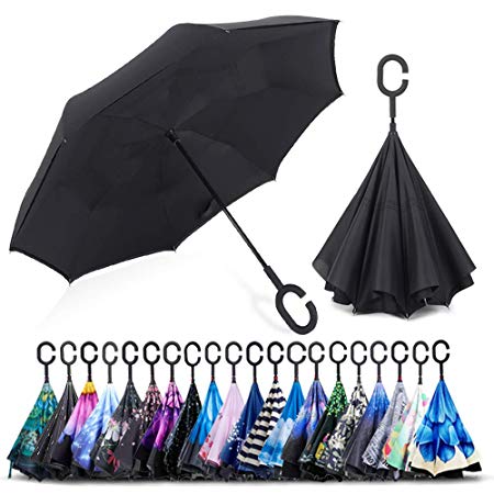 ZOMAKE Double Layer Inverted Umbrella Cars Reverse Umbrella, UV Protection Windproof Large Straight Umbrella for Car Rain Outdoor with C-Shaped Handle