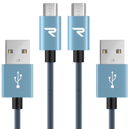 Micro USB Cables (2-Pack 3.3ft) Rampow® Nylon Braided charging cords for Android Devices, Samsung Galaxy, Sony, HTC, Motorola and More - LIFETIME WARRANTY - Blue