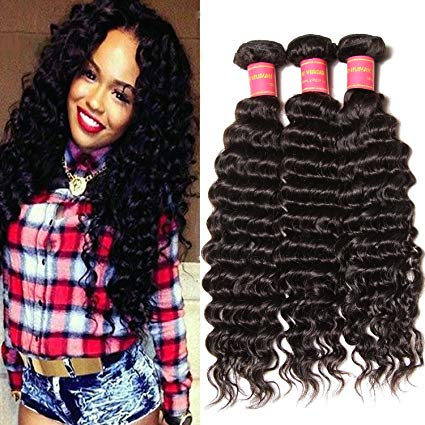 Klaiyi Hair 10A Brazilian Virgin Hair Weave Deep Curly Hair 3 Bundles Real Human Hair Extensions Unprocessed Natural Color 95-100g/pc (16 18 20 Inch)