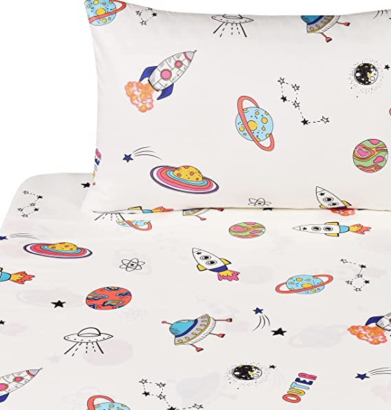 J-pinno Outer Space Planet Rocket Travel Adorable Twin Sheet Set Bedroom Decoration Gift 100% Cotton Flat Sheet + Fitted Sheet + Pillowcase Bedding Set for Unisex Boys Girls (Space)