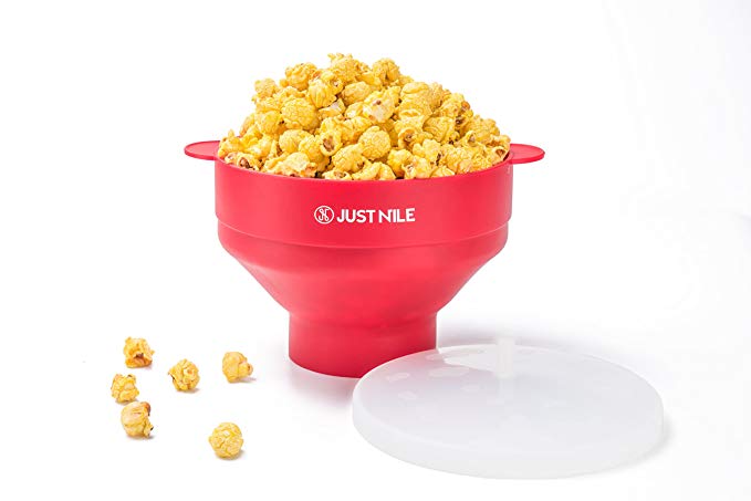 JustNile Collapsible Microwave Popcorn Popper with Bonus Recipe Book, Silicone Popcorn Maker for Healthy, Irresistible, Homemade Popcorn on Movie Night, or Any Night, 100% Free of BPA and PVC - Red