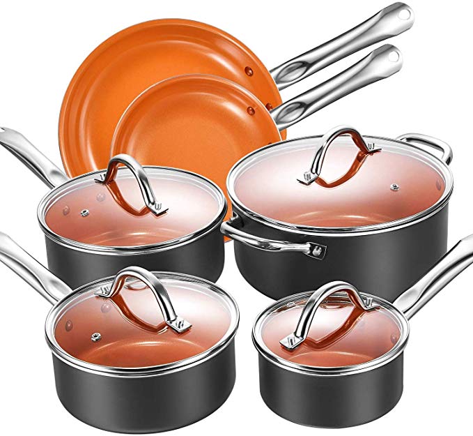 Cookware Set, Aicook 10-Piece Non Stick Induction Cookware, Copper Pots and Pans Set with Stainless Steel Induction Bottom, Dishwasher and Oven Safe