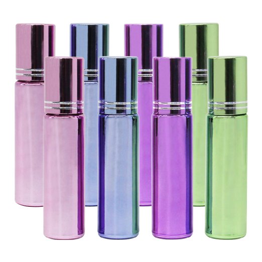 ColoVis 8 PC Roll-on Glass Bottles with Stainless Steel Roller Balls,10ml (1/3oz) 4 Colors Mixed,refillable Bottles for Essential Oils,pack of 8 and 1ml Dropper Included (4 Colors Mixed)