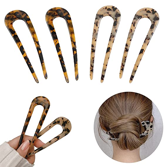 4 Pack U-Shape Hair Fork Sticks Hair Pins Clips French Style Tortoise Shell Leopard Print Cellulose Acetate Magic Simple Fast Hair Braids Twist Styling Maker for Women