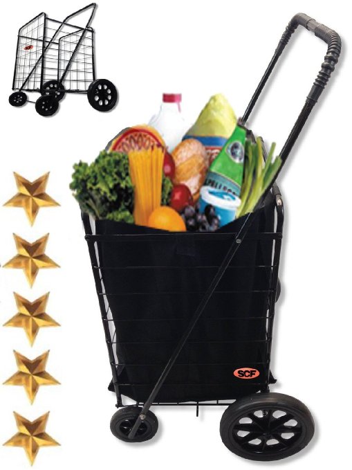 MegaCart Fold-Up Collapsible Folding Grocery Laundry Shopping Utility Cart by SCF (Black) with Liner
