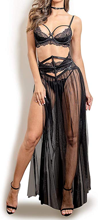 Women Sexy Lace Lingerie Set,Push Up Bra and Corset Long Sheer Lace Dress Nightgown with G-String 4 Piece Lingerie Set