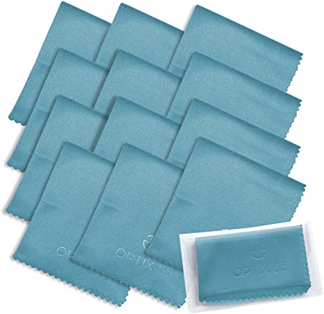 Microfiber Cleaning Cloths (6"x7") 12 Pack in Individual Vinyl Pouch | Glasses Cleaning Cloth for Eyeglasses, Phone, Screens, Electronics, Camera Lens Cleaner (Blue)